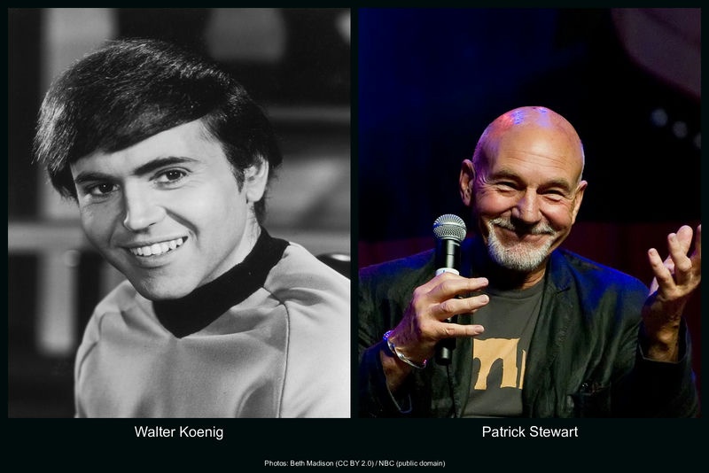 Walter Koenig in the Star Trek publicity photo as Chekov, and Patrick Stewart holding a microphone on stage